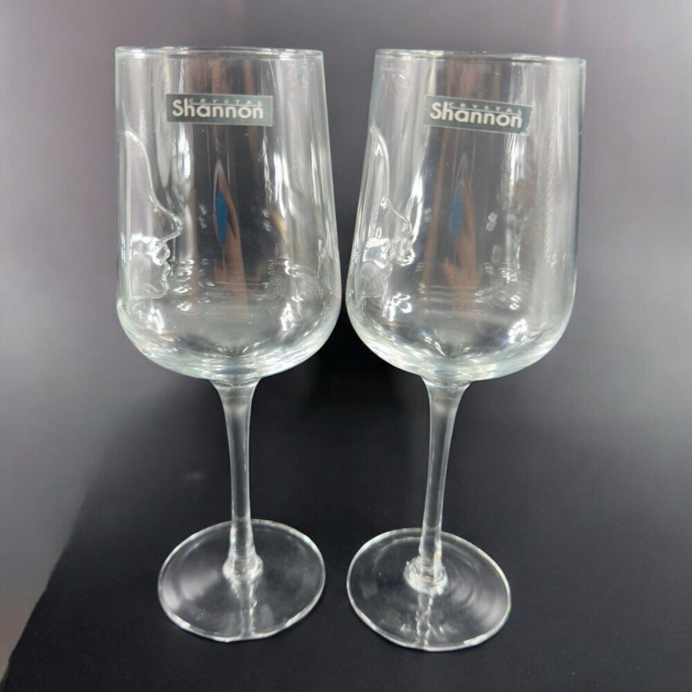 Shannon Crystal Clear‎ Glasses Goblet Set 2 Glassware With Face Pattern Barware